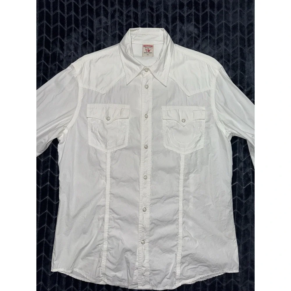 True Religion Mens White Pearl Snap Western Long Sleeve Shirt Pockets Sz 2XL